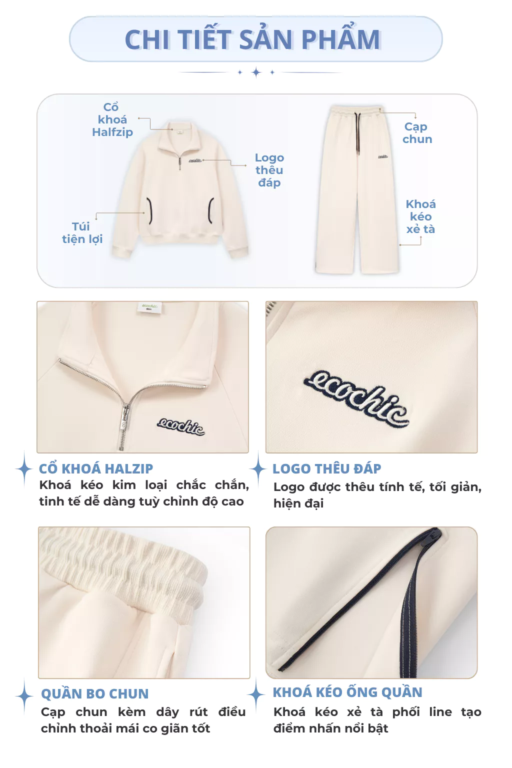 Set Bộ Nỉ Mịn ECOCHIC FORMLINE SET Khoá Áo Halfzip Quần Ống Suông Phối Viền Cao Cấp Chính Hãng HNH B198