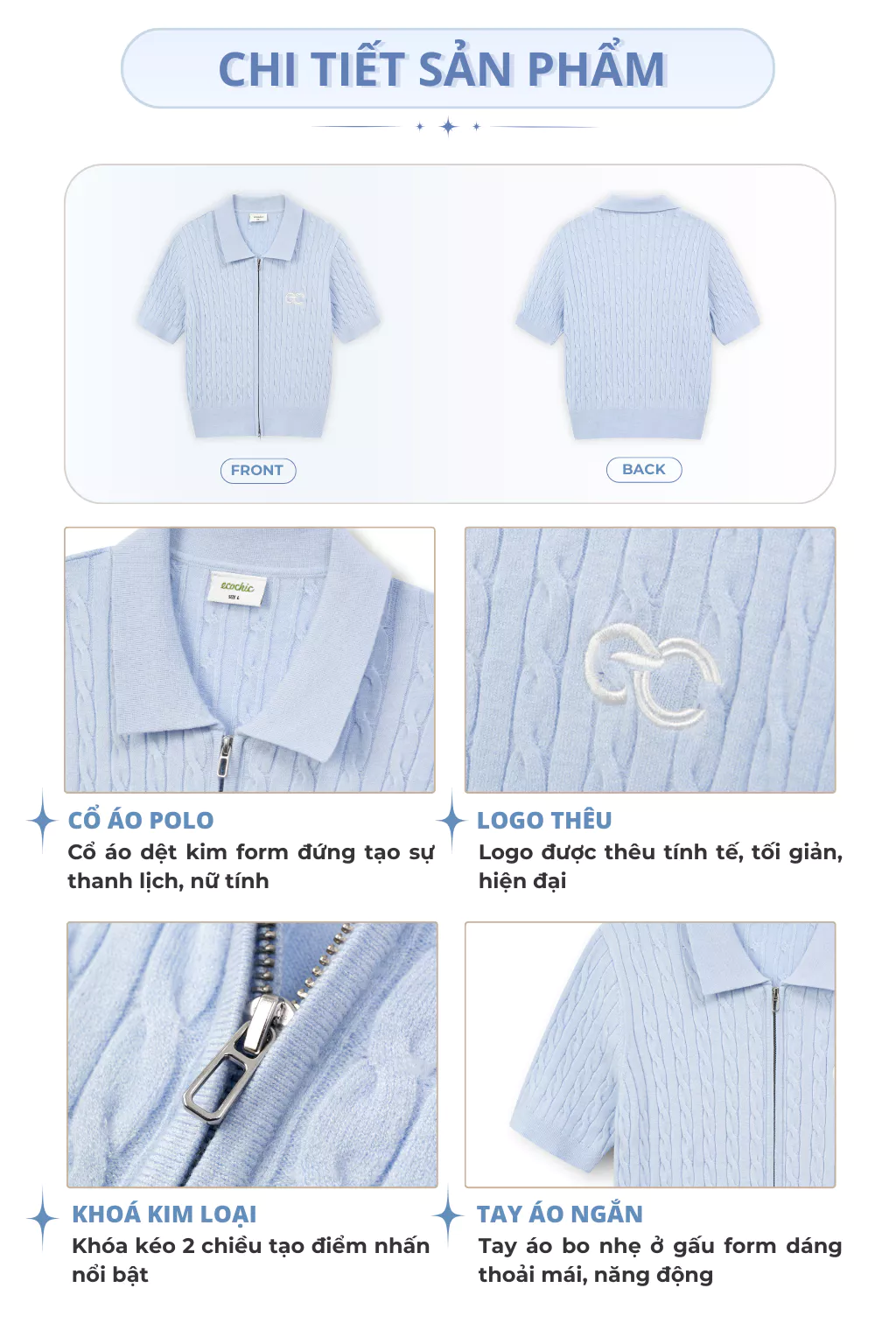 [ECOCHIC x CANIFA] Áo Len Crop Khoá Zip 2 Chiều Logo Ngực Chất Liệu Len Dệt Kim Cao Cấp Chính Hãng HNH EC01