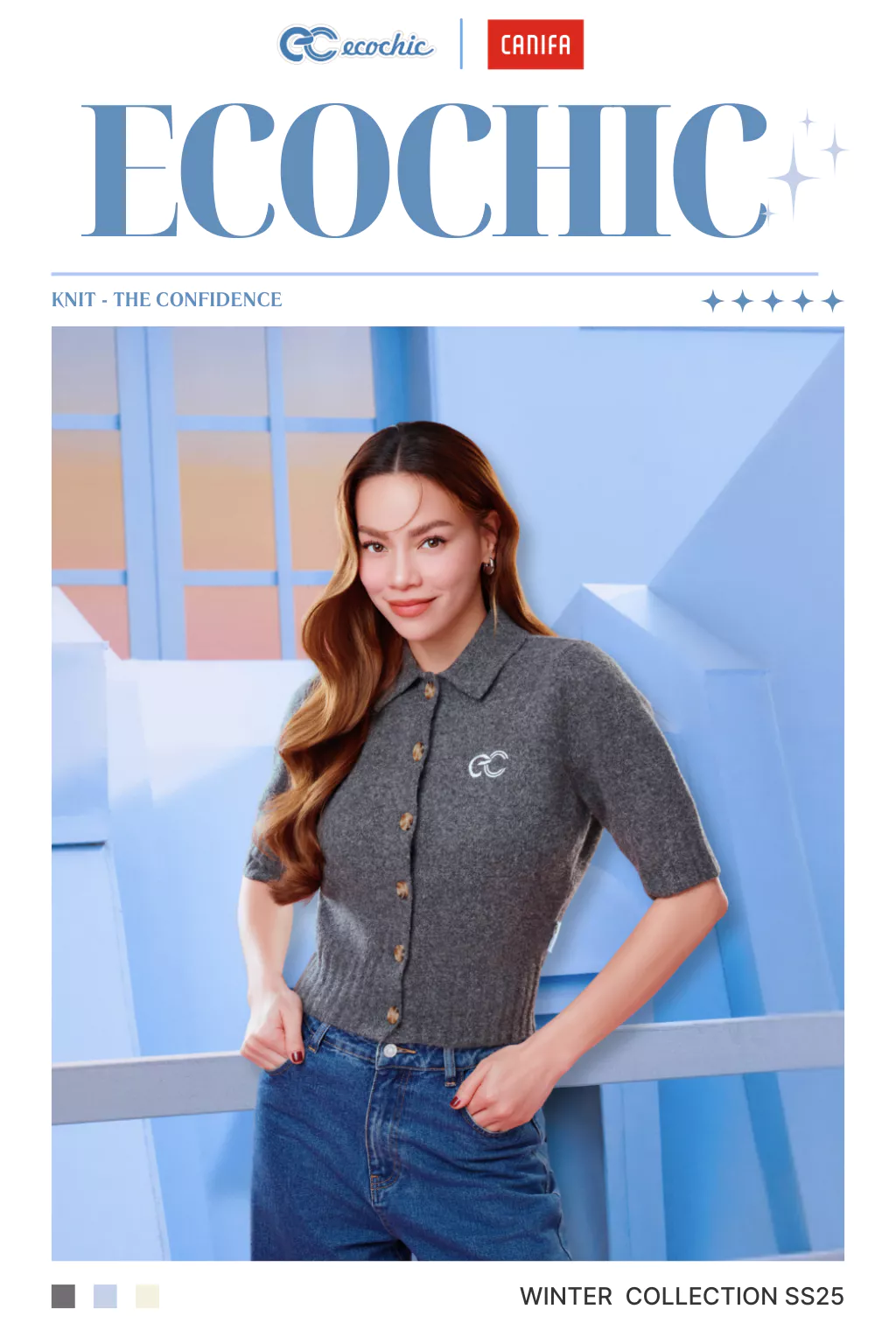 [ECOCHIC x CANIFA] Áo Len Tay Lỡ Cài Cúc Logo Ngực Chất Liệu Len Mềm Cao Cấp Chính Hãng HNH EC02