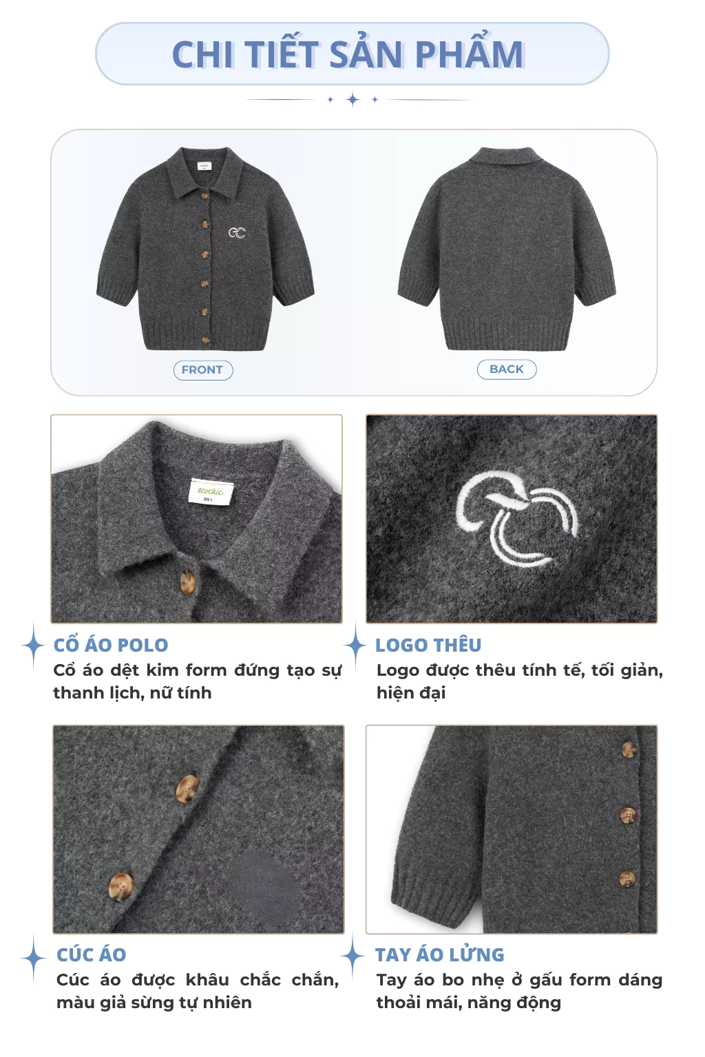 [ECOCHIC x CANIFA] Áo Len Tay Lỡ Cài Cúc Logo Ngực Chất Liệu Len Mềm Cao Cấp Chính Hãng HNH EC02