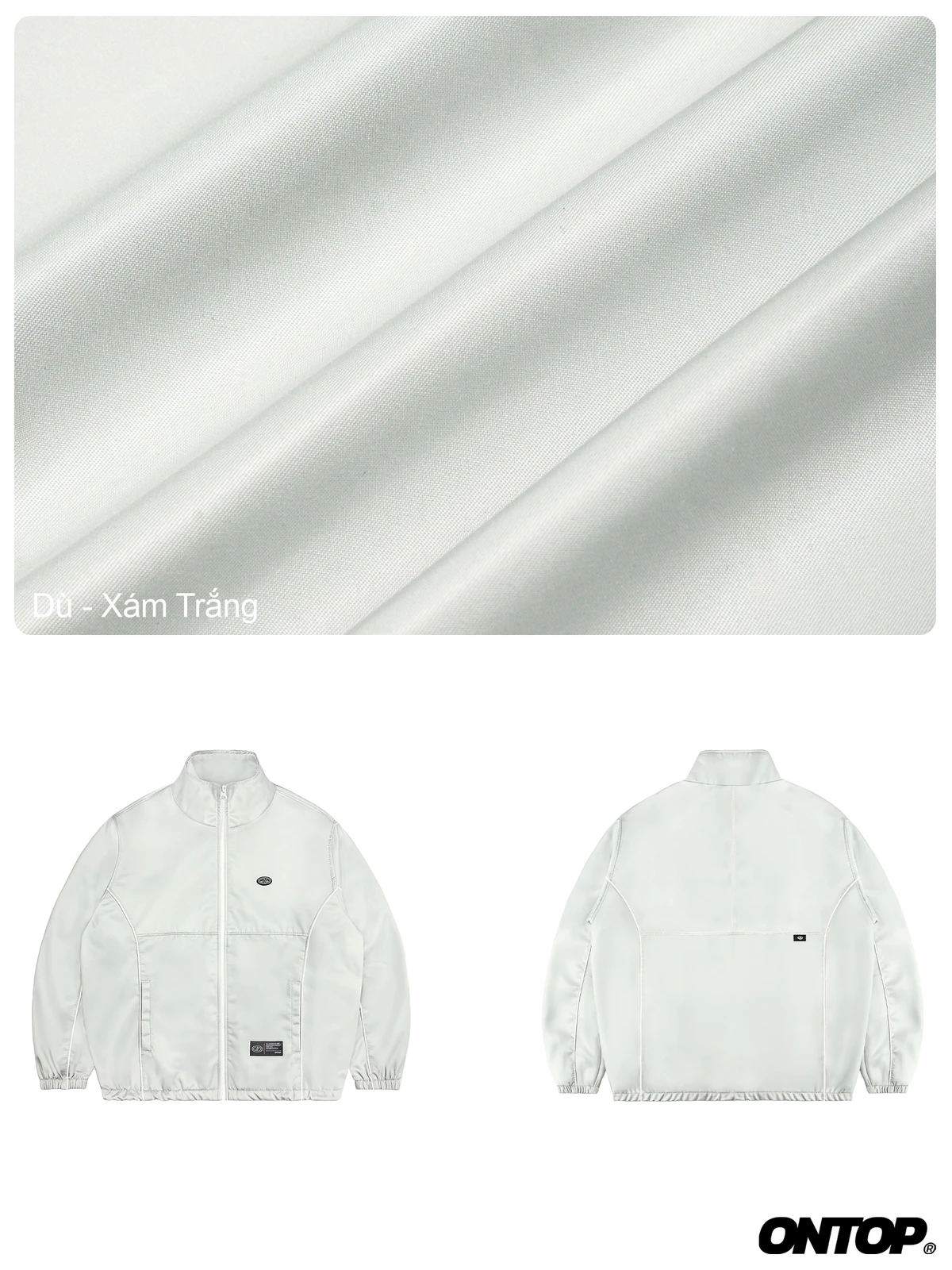 Áo khoác chống gió hai lớp ONTOP cổ trụ, phối viền nam nữ màu xám trắng Wind Track Jacket | O-AK5-XT