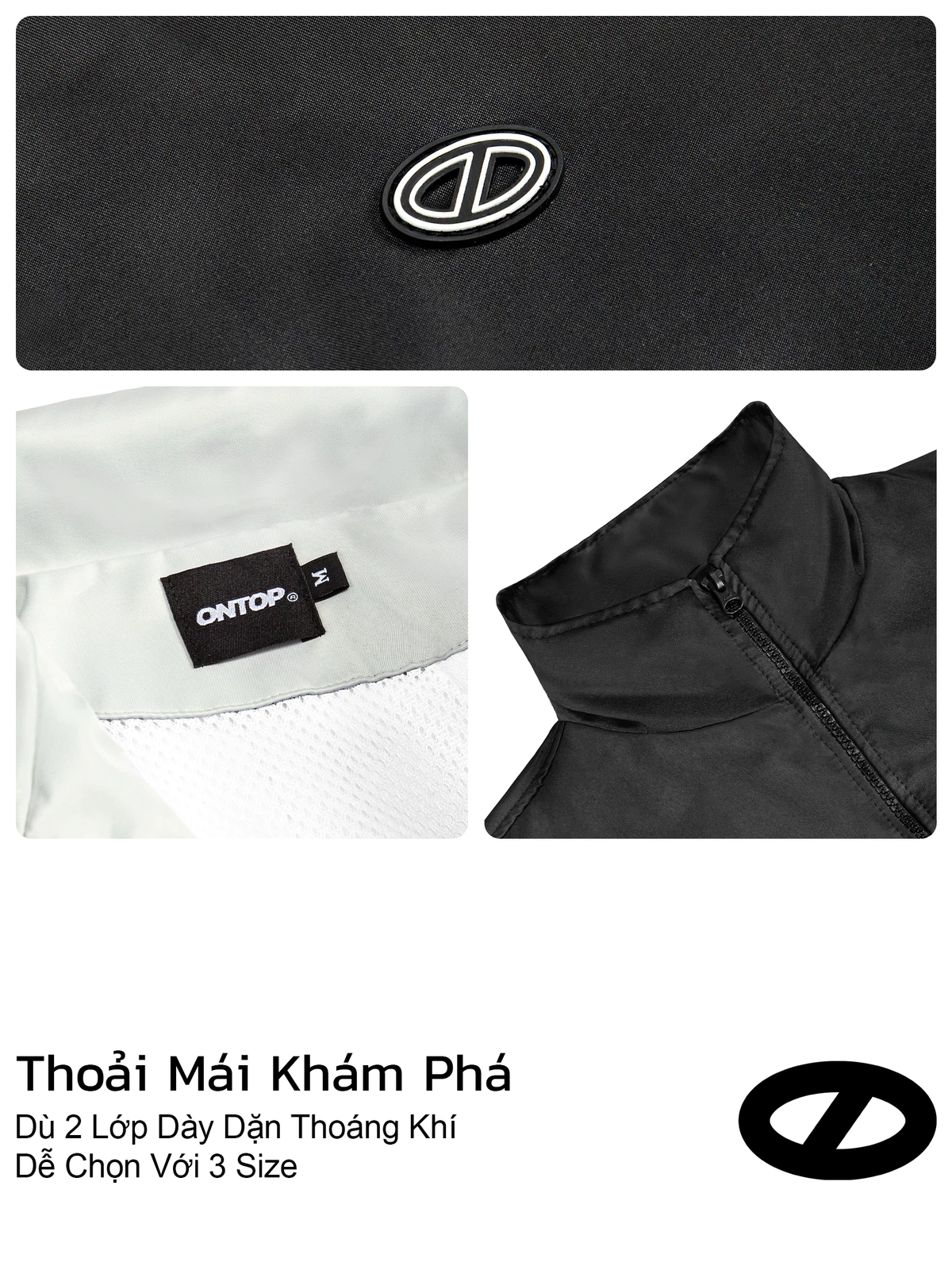 Áo khoác gió phối viền 2 lớp nam nữ ONTOP chống nước, cổ trụ màu đen, xám trắng Wind Track Jacket | O-AK5
