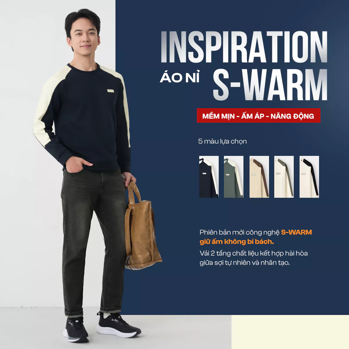 Áo Nỉ Nam INSPIRATION S-WARM 5S FASHION Ấm Áp, Tay Raglan Phối Màu Trẻ Trung M0ANI25014