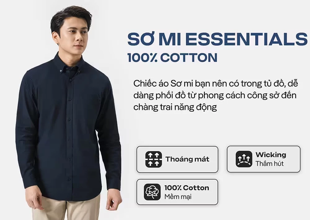 Áo Sơ Mi nam Dài Tay Essentials Cotton mềm mại, thoáng mát, Áo đi làm đi chơi dạo phố Coolmate