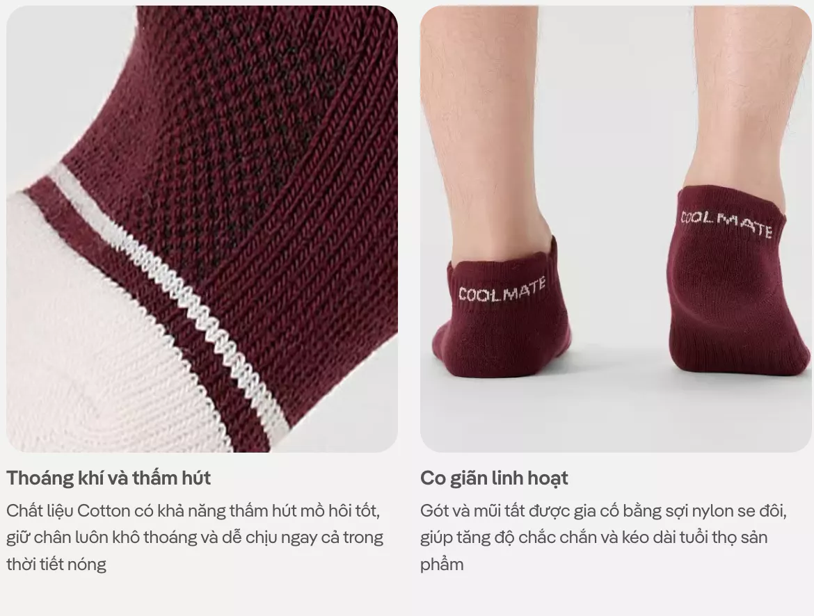 Tất/Vớ cổ ngắn nam nữ Unisex co giãn, bền bỉ, nhanh khô Coolmate