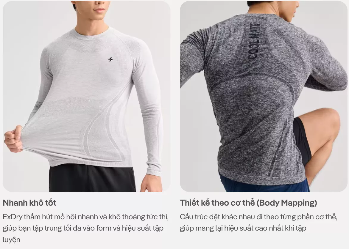 [MUA 2 GIẢM 40%]Áo thun nam dài tay Training Seamless Body Mapping mềm mại, áo pickleball co giãn thấm hút Coolmate