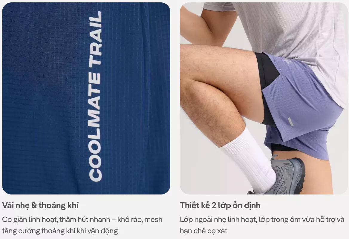 Quần shorts thể thao nam chạy bộ 2 lớp trail Wildflow co giãn, bền bỉ, nhanh khô - Coolmate