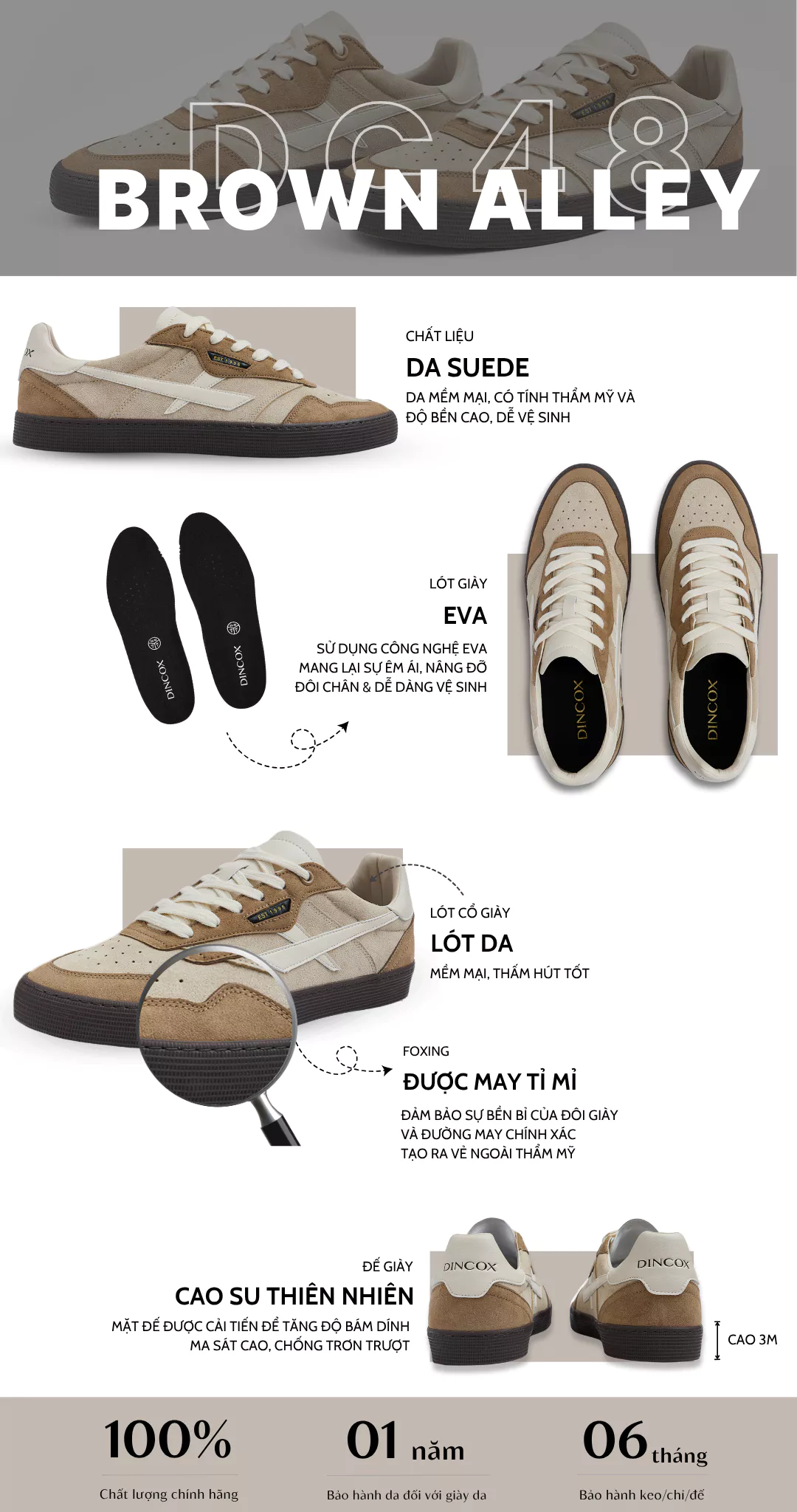 Giày Sneaker Nam Nữ DC48 BROWN ALLEY Dincox Shoes Đế Bằng - Da Suede Cao Cấp