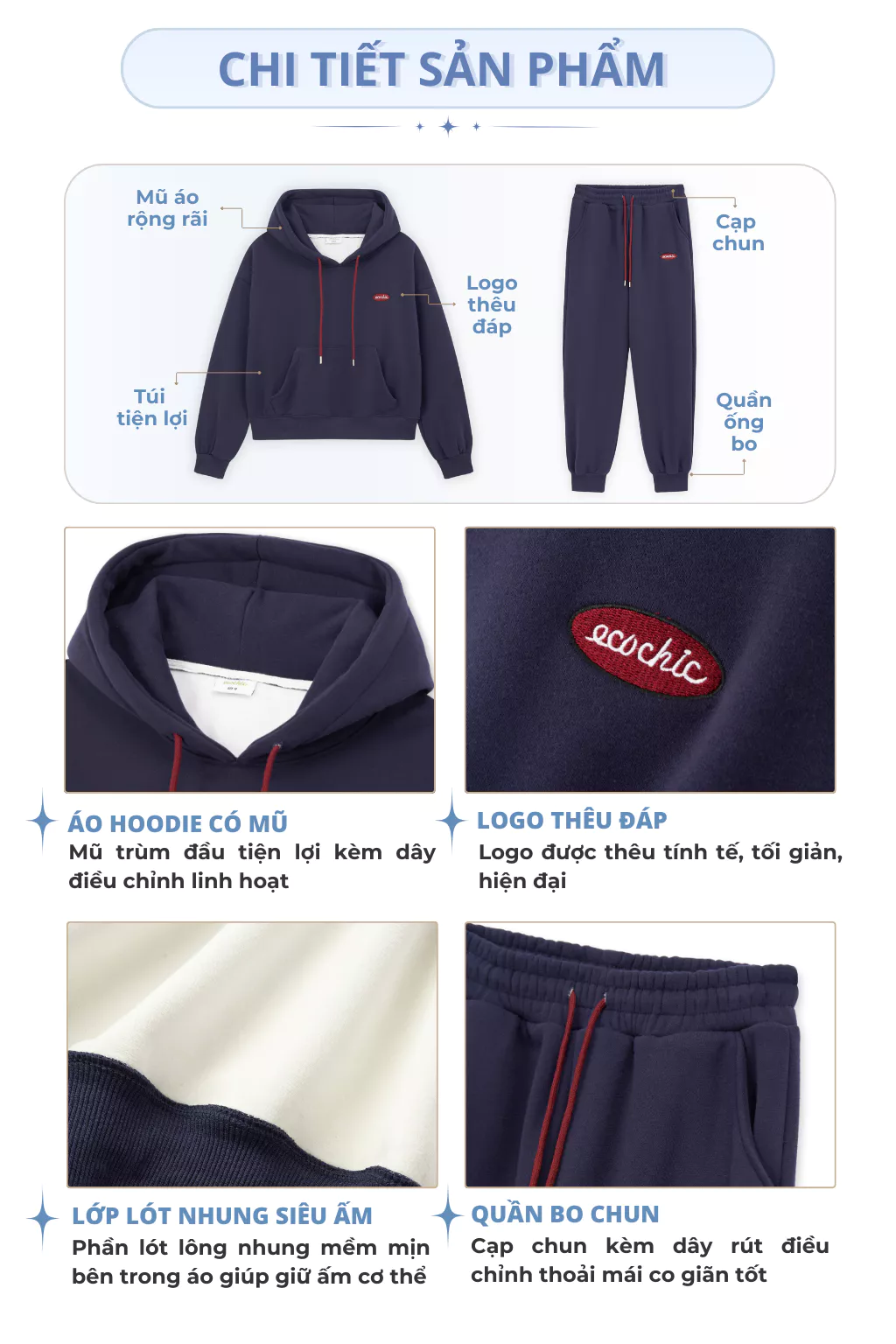 Bộ Hoodie Nỉ Lông Nhung ECOCHIC Phối Quần Ống Bo Cạp Chun Basic Dây Rút Chất Liệu Chính Hãng HNH B209