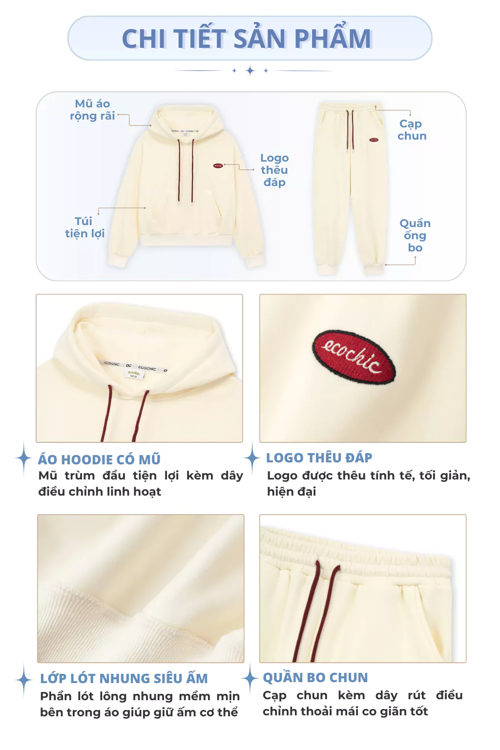 Bộ Hoodie Nỉ Lông Nhung ECOCHIC Phối Quần Ống Bo Cạp Chun Basic Dây Rút Chất Liệu Chính Hãng HNH B209