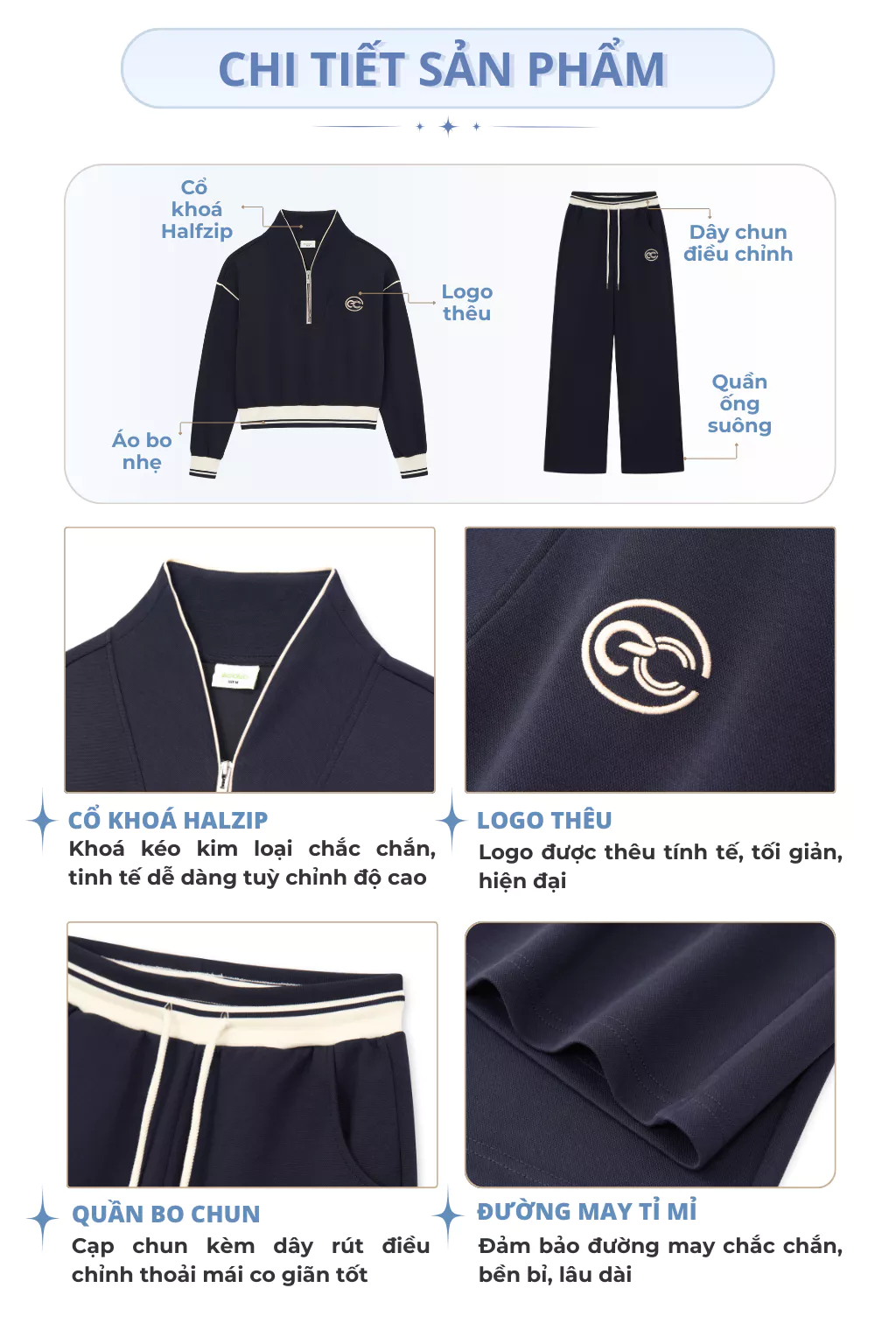 Set Bộ Nỉ Mịn ECOCHIC Áo Crop Cổ Khoá Zip Phối Viền Quần Suông Chất Liệu Cao Cấp Chính Hãng HNH B205