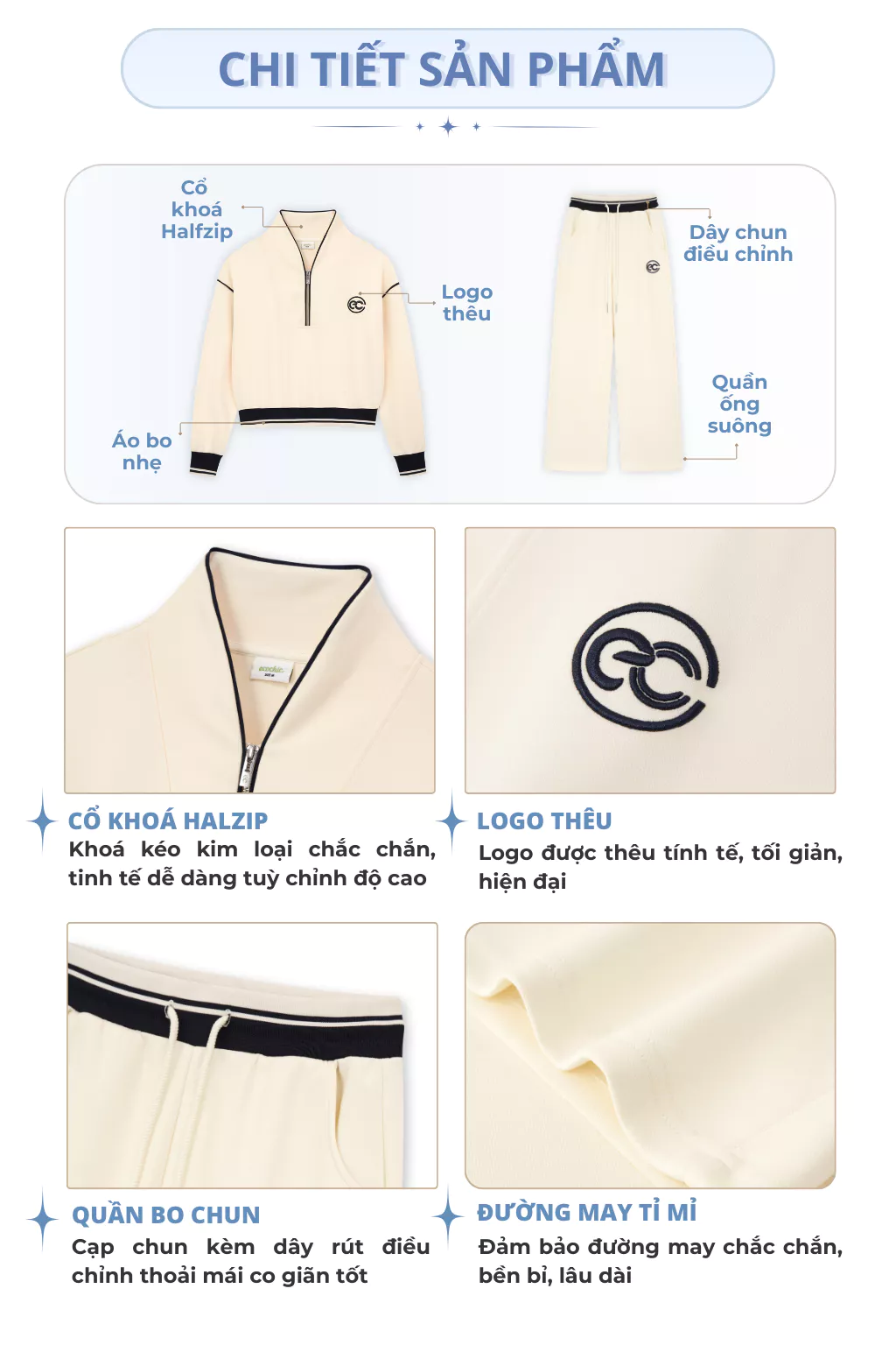 Set Bộ Nỉ Mịn ECOCHIC Áo Crop Cổ Khoá Zip Phối Viền Quần Suông Chất Liệu Cao Cấp Chính Hãng HNH B205