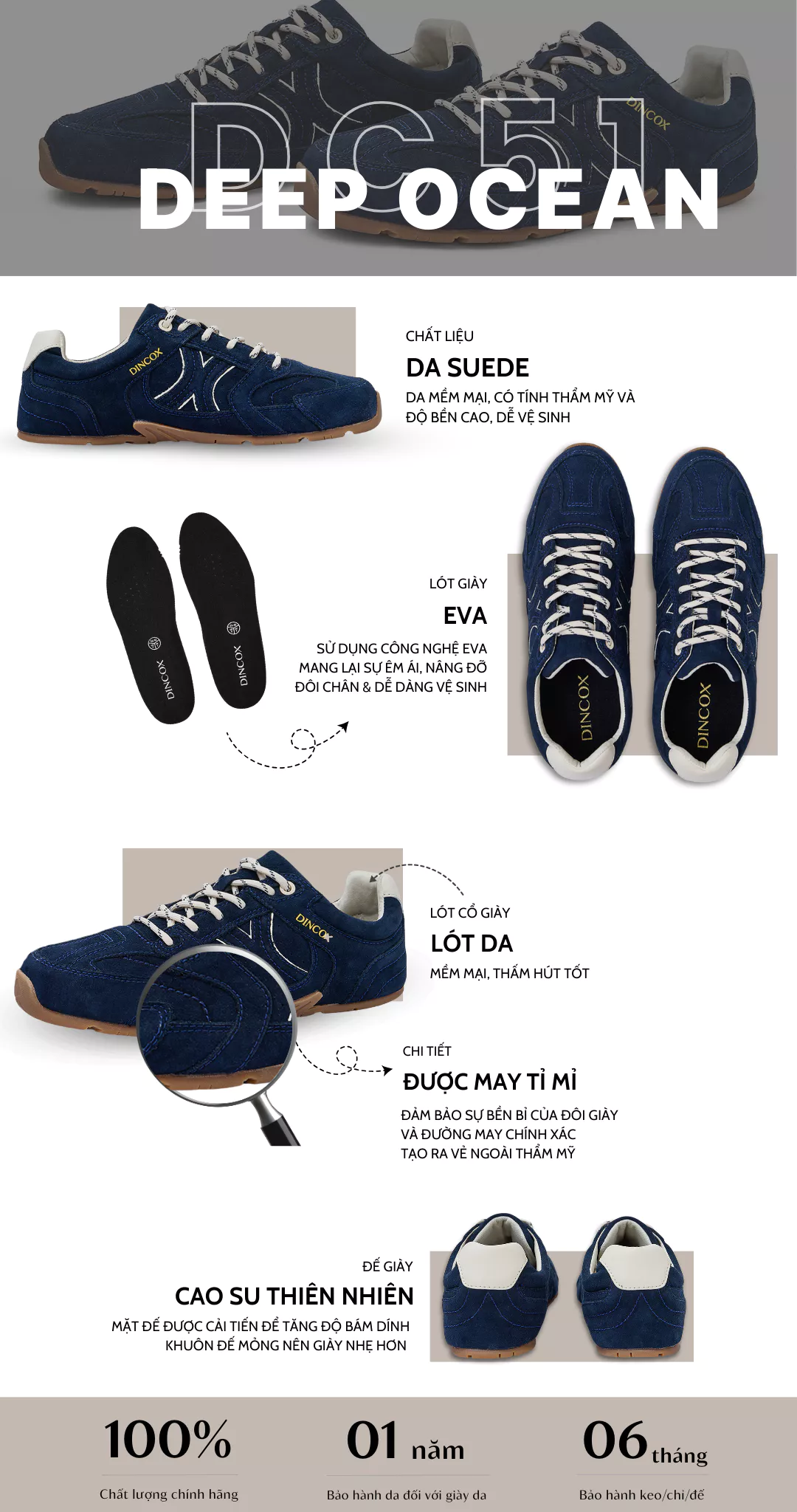 Giày Sneaker Nam Da Suede Cao Cấp Dincox Shoes DC51 DEEP OCEAN