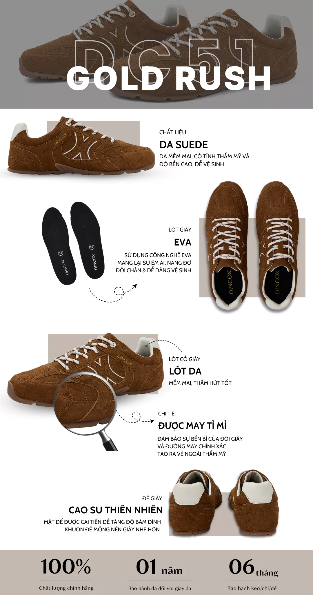 Giày Sneaker Nam Nữ Da Suede Cao Cấp Dincox Shoes DC51 GOLD RUSH