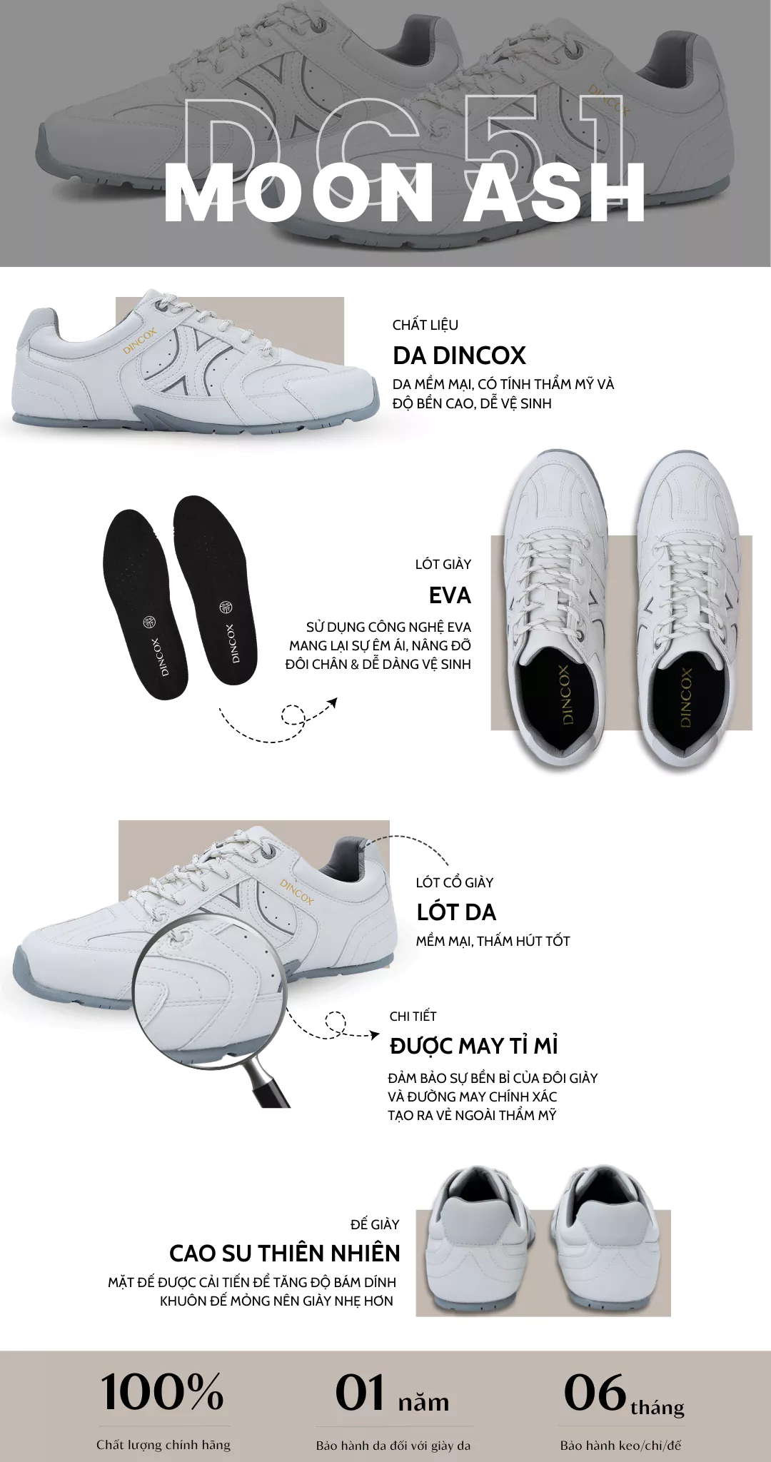 Giày Sneaker Nam Nữ Da Cao Cấp Dincox Shoes DC51 MOON ASH
