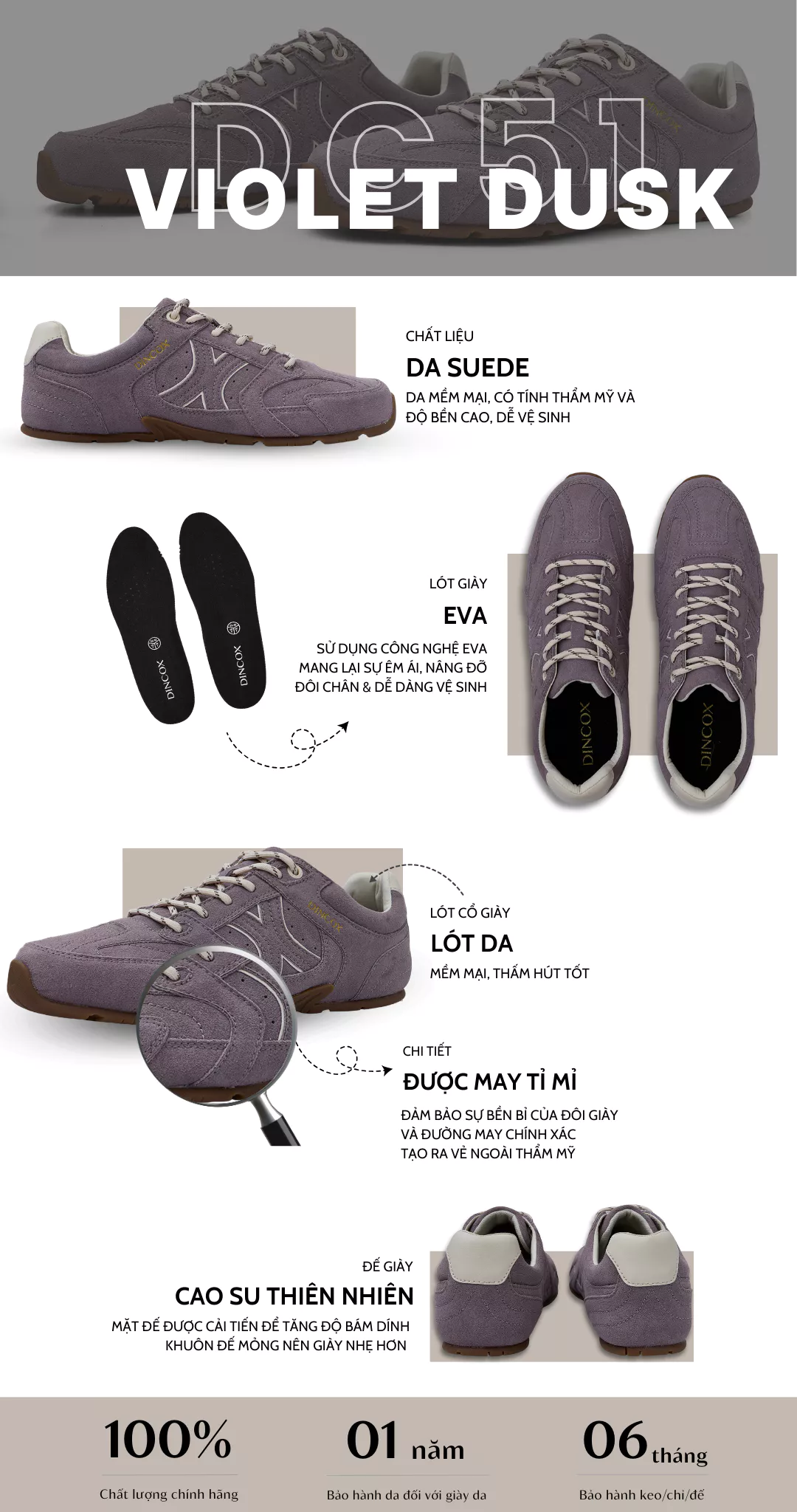 Giày Sneaker  Nữ Da Suede Cao Cấp Dincox Shoes DC51 VIOLET DUSK