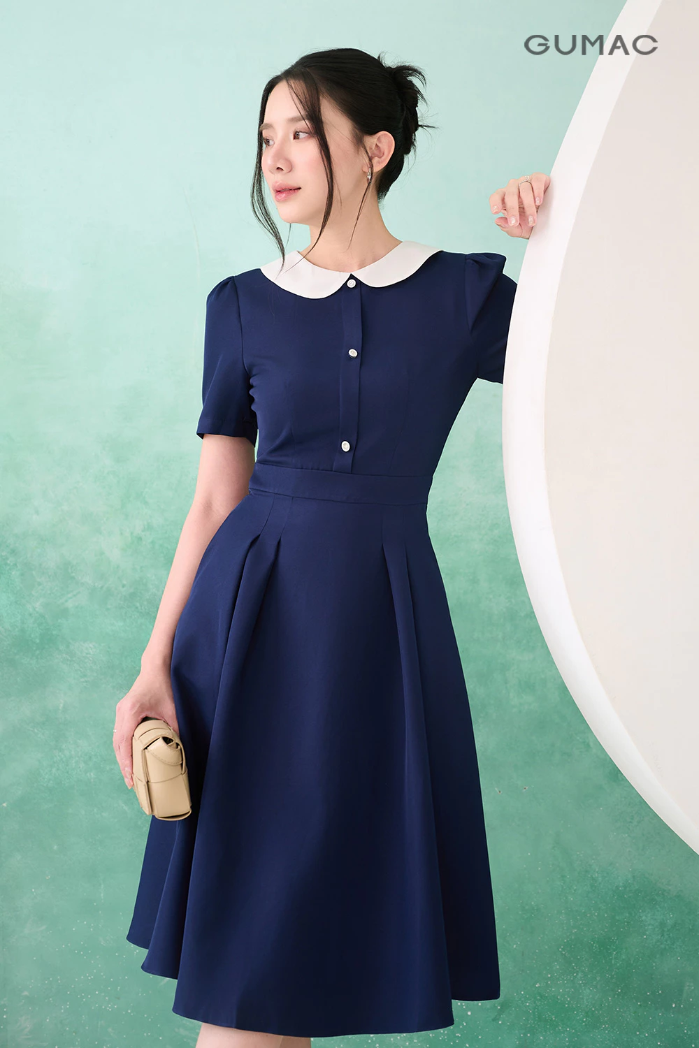 Đầm Chữ A Nữ GUMAC Váy Công Sở Xòe Bigsize Phối Cổ Bâu Sen Tiểu Thư Có Túi Vải Cotton LDE0821