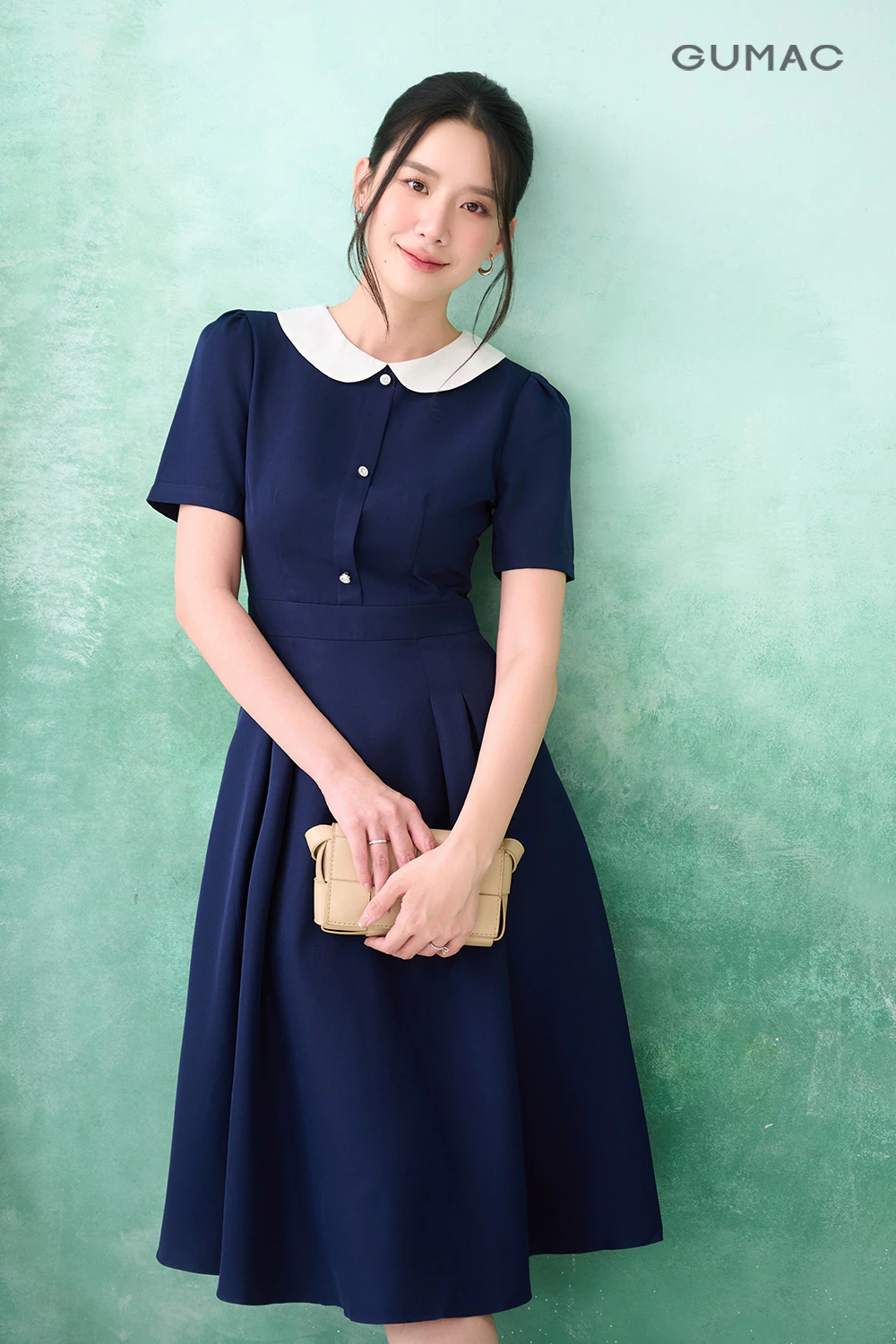 Đầm Chữ A Nữ GUMAC Váy Công Sở Xòe Bigsize Phối Cổ Bâu Sen Tiểu Thư Có Túi Vải Cotton LDE0821