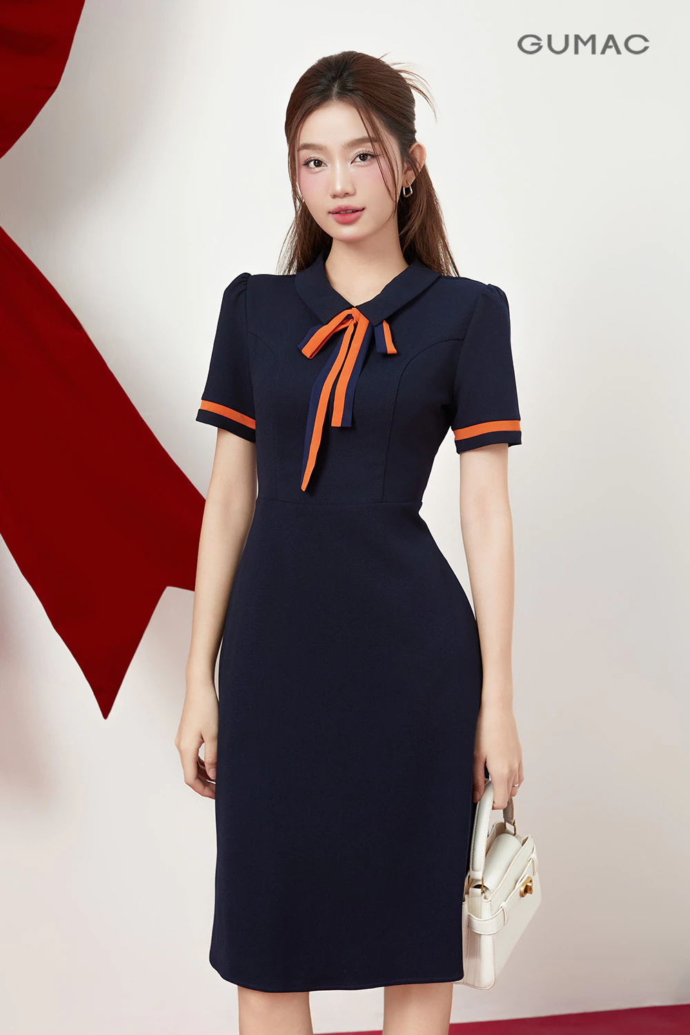 Đầm Chữ A Nữ GUMAC Váy Công Sở Phối Nơ Cổ Tôn Dáng Vải Tuyết Mưa Cao Cấp Bigsize Đi Chơi Dạo Phố LDE0614