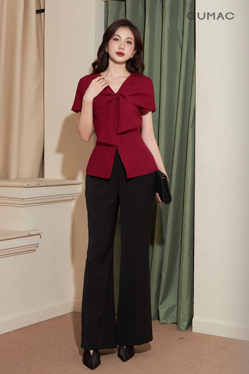 Áo Peplum Nữ GUMAC 1 Lớp Cổ V Hẹp Tay Ngắn Dáng Suông Phối Vạt Đắp Chéo Nẹp Lai Thanh Lịch AF12001