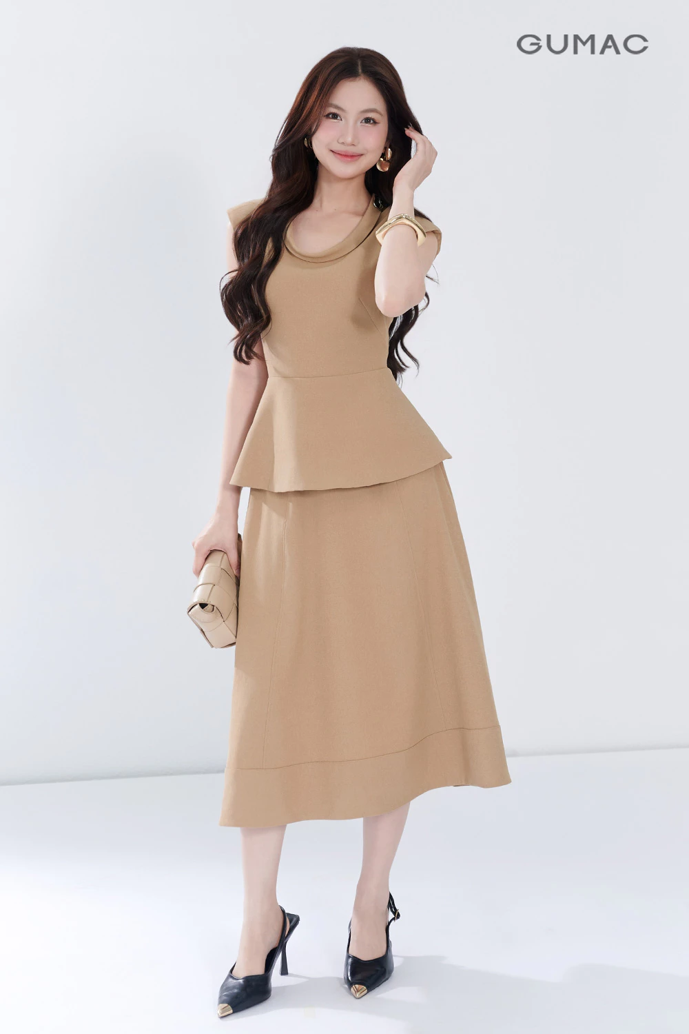 Set lẻ Áo peplum cổ kiểu AF06045 - Chân váy nữ GUMAC A xòe may viền VF06046