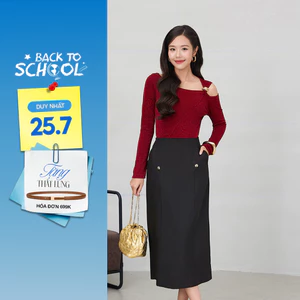 Chân váy GUMAC midi dáng suông lưng liền có hai túi sườn đính nút kiểu VF12056