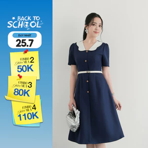 Đầm Dáng A Nữ GUMAC Váy Công Sở Phối Bâu Trắng Dáng Dài Qua Gối Nhẹ Nhàng Nữ Tính LDD1214