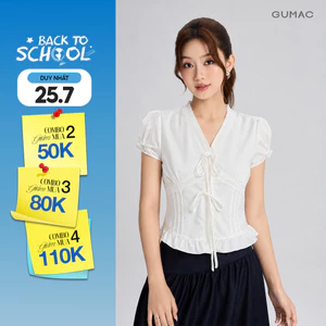 [VOUCHER 25%] Áo Kiểu Nữ Gmorning - GUMAC Form Ôm Cổ V Nhún Ngực Phối Viền Ren Dịu Dàng Sang Trọng YAG06005