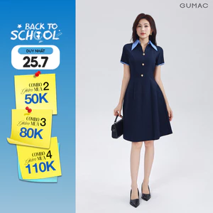 Đầm Dáng A Nữ GUMAC Váy Công Sở Cổ Sơ Mi Phối Sọc Đính Nút Vàng Thanh Lịch DF03005