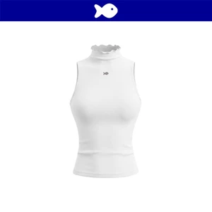 Áo sát nách nữ cổ lọ viền bèo DKMV form dài ôm dáng họa tiết basic logo cá inox điệu đà màu trắng Lyric Top | K-T73-T