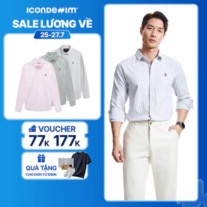 Áo sơ mi nam oxford tay dài ICONDENIM, họa tiết sọc palewave logo thêu tạo điểm nhấn, form slimfit tôn dáng SMID0145