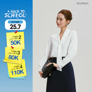 Áo Kiểu Nữ GUMAC Form Suông Tay Dài Cổ V Kèm Dây Nơ Lụa Xẹc Tiểu Thư AG04063