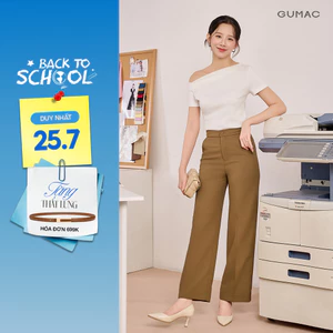 Quần tây nữ GUMAC ống suông đen nâu lưng phối dây khoen tôn dáng  QF08024