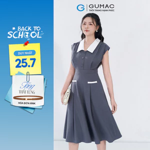 Đầm nữ GUMAC A cổ V phối trắng xếp ly 2 lớp vải bố linen dày dặn thanh lịch  DF05054