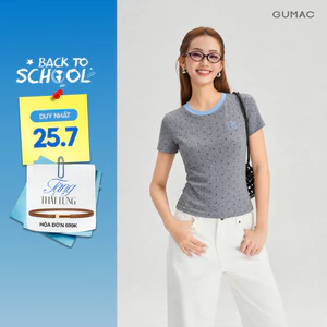 Áo Thun Nữ Gmorning - GUMAC Chấm Bi Form Ôm Ngắn Thêu Logo GMOR Cổ Bo Phối Màu Trẻ Trung Hiện Đại YATG07054