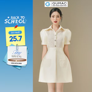 [SALE] Đầm Nữ Form A GUMAC 2 Túi Ốp Phối Ren Tay Ngắn Phồng Đính Nút Sang Trọng DE06015