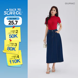 Chân váy jeans GUMAC - Gmorning denim form A midi cách điệu thân trước có túi hàm ếch YVJG04010