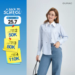 Áo Sơ Mi Nữ GUMAC Áo Kiểu Tay Dài Kẻ Sọc Xanh Cổ Phối Trắng Vải Kate Cao Cấp Trẻ Trung AG01009