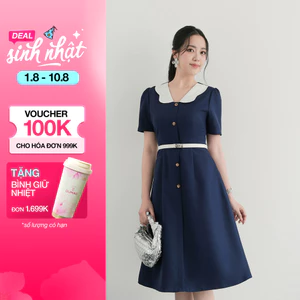 Đầm Dáng A Nữ GUMAC Váy Công Sở Phối Bâu Trắng Dáng Dài Qua Gối Nhẹ Nhàng Nữ Tính LDD1214