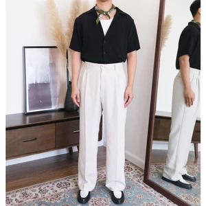 Quần âu nam cạp cao ống rộng phủ giày có xếp li, form relaxed -  B Brown Pleated Trouser