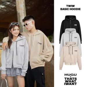 Áo khoác hoodie zip unisex logo nổi THATSWHATIWANTxHUGU - TWIW BASIC HOODIE - Áo khoác form boxy, logo nổi, khóa zip