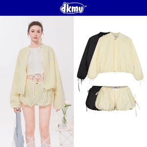 Set đồ nữ dễ thương DKMV áo khoác dù kèm quần bí thắt nơ màu vàng mơ và đen Pumpi Set| K-SET1