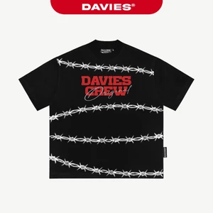 Áo thun form rộng in chữ DAVIES họa tiết thép gai full mặt trước phong cách hiphop tay ngắn, đen Barbed wire Tee| D-T28