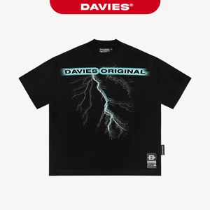 Áo thun form rộng tay ngắn in chữ DAVIES hoạ tiết sấm sét tia lửa loang màu đậm chất hiphop màu đen Spark Tee | D-T31
