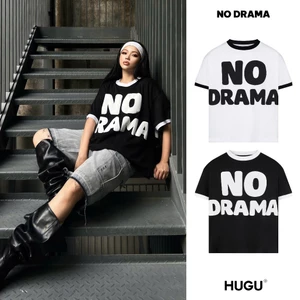 Áo thun bo cổ tròn màu trắng, đen,... form boxy, unisex local brand HUGU - NO DRAMA - hình in nổi, rộng rãi