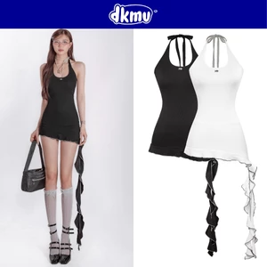 Đầm cổ yếm cột dây tà lệch phối tua rua bèo DKMV thiết kế phối viền tương phản kèm quần trong Nayeon Dress | K-D19