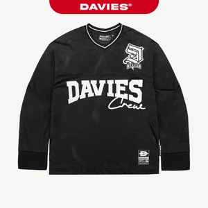 Áo phông dài tay nam nữ thun lưới DAVIES form rộng cổ V hoạ tiết hình in phối logo thêu màu đen Crew Jersey  |D-T46