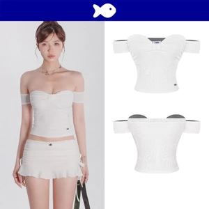 Áo trễ vai trắng tay ngắn cúp ngực DKMV hoạ tiết nơ phối logo con cá inox đáng yêu Bitna Croptop kiểu | K-T43-T