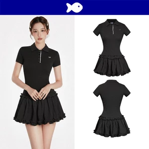 Đầm polo dáng xòe lai phối bèo DKMV tay ngắn thiết kế hàng nút đính dây ren đáng yêu màu đen Bomie Dress | K-D22-D