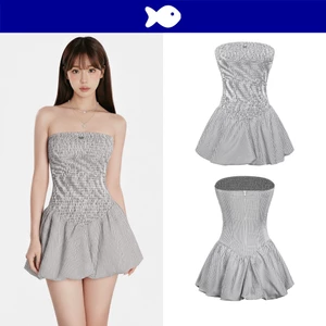 Đầm xám kiểu ngắn sọc nhí cúp ngực DKMV dáng ngắn xòe phồng thân trên bo nhún kéo khóa ôm dáng xám Mia Dress| K-D16-X